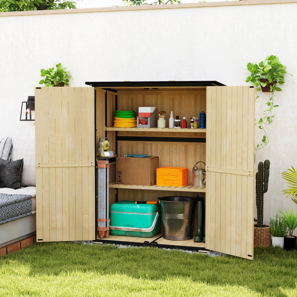 Armadio da giardino in legno e acciaio con tetto in asfalto ¨C zephmum ¨C 2 ripiani, porte bloccabili, colore naturale