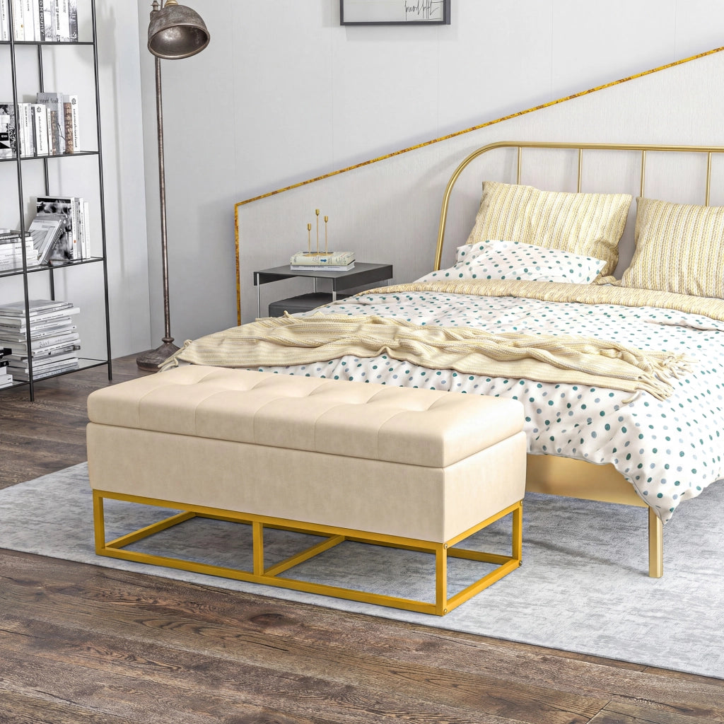 Cassettiera con seduta imbottita, rivestimento in flanella, gambe in acciaio oro ¨C zephmum ¨C 110x47x46.5 cm