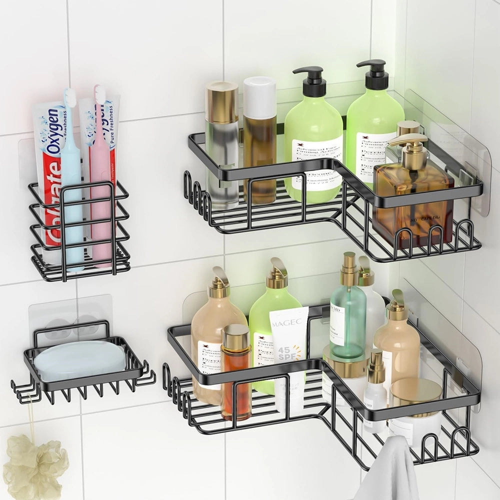 Trade Shop - Set 4pz Mensole Portaoggetti Angolari Portasapone In Acciaio Autoadesivo Per Bagno Doccia -