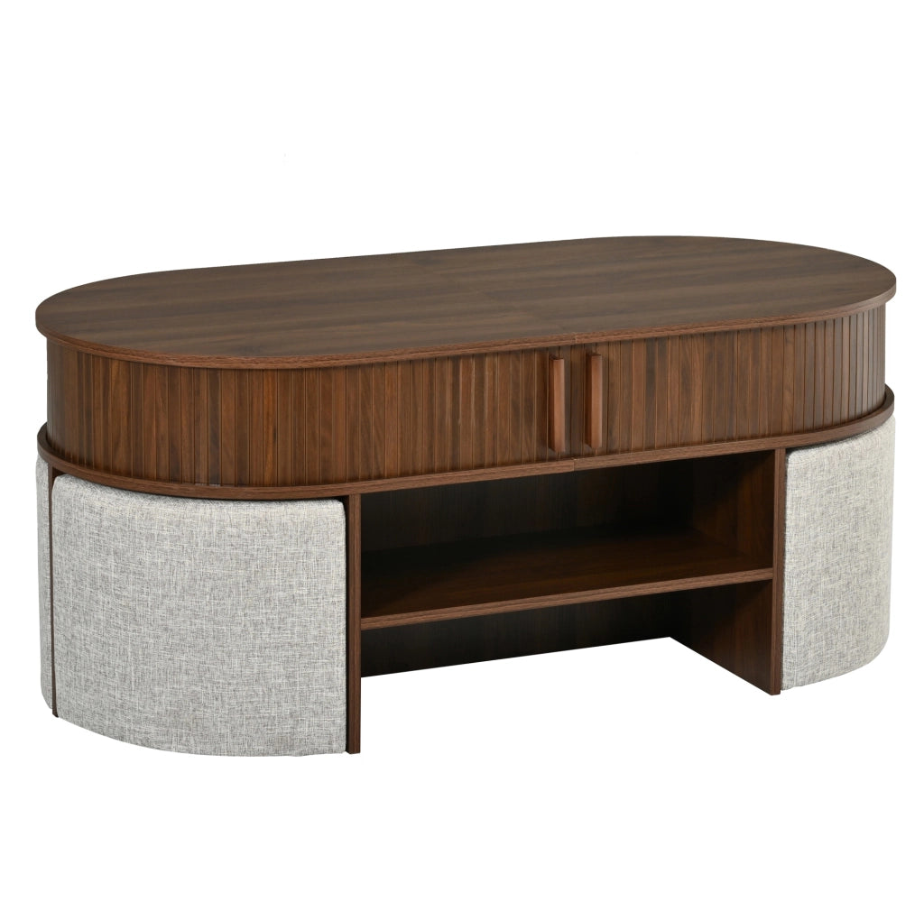 Tavolino da salotto ovale con contenitore; set con pouf in tessuto; 120 x 60 x 51;5 cm; noce