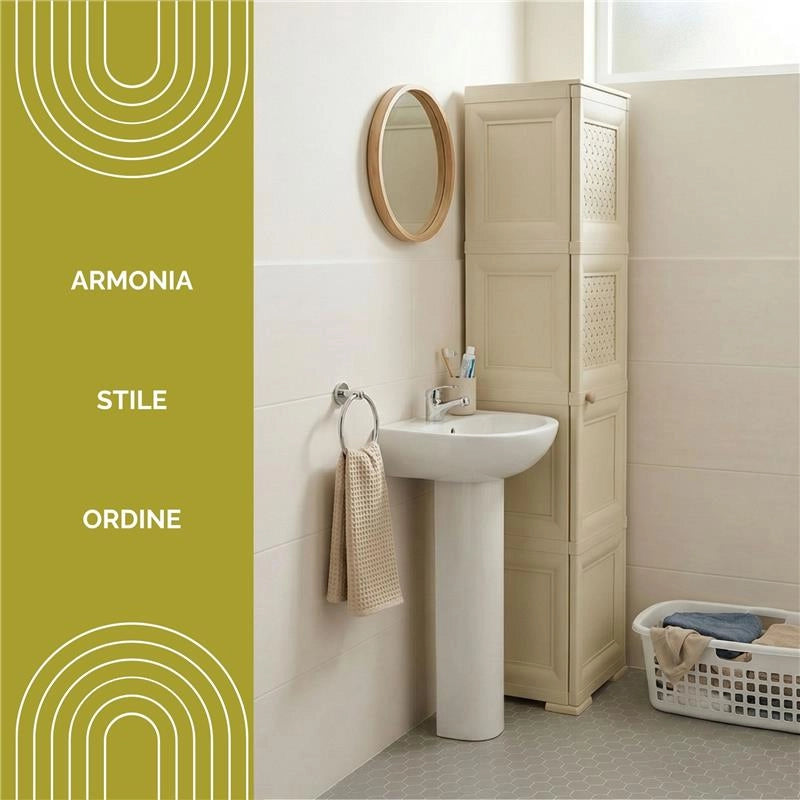 MOBILE ORGANIZZATORE BAGNO 4 MODULI ANGORA 40X43X164 CM CON 2 ANTE TRAFORATE E 2 ANTE EFFETTO LEGNO – MOBILE CONTENITORE VERTICALE SALVASPAZIO