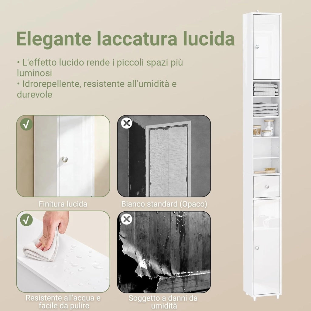 Bianco Lucido Mobile Bagno Salvaspazio Colonna Bagno - Mobiletto Bagno Stretto 20x20x180cm con 6 Ripiani Regolabili e Cassetto - Armadietto Bagno Alto per Piccoli Spazi BZR167-GW