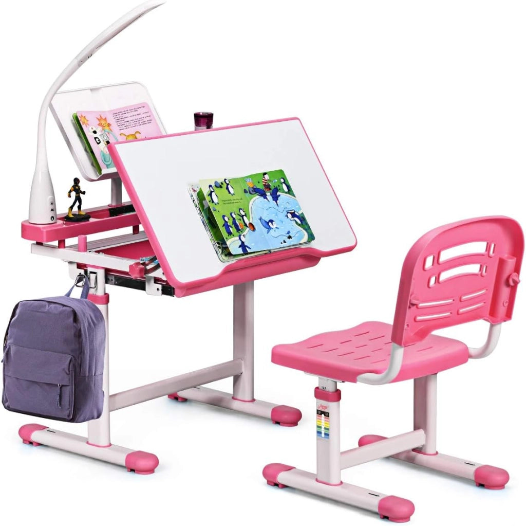 Set Scrivania e Sedia per Bambini 3-12 Anni, Altezza e Angolo Regolabile e Multifunzionale, Con Lampada di Protezione per gli Occhie Cornice per la Lettura (BLU)