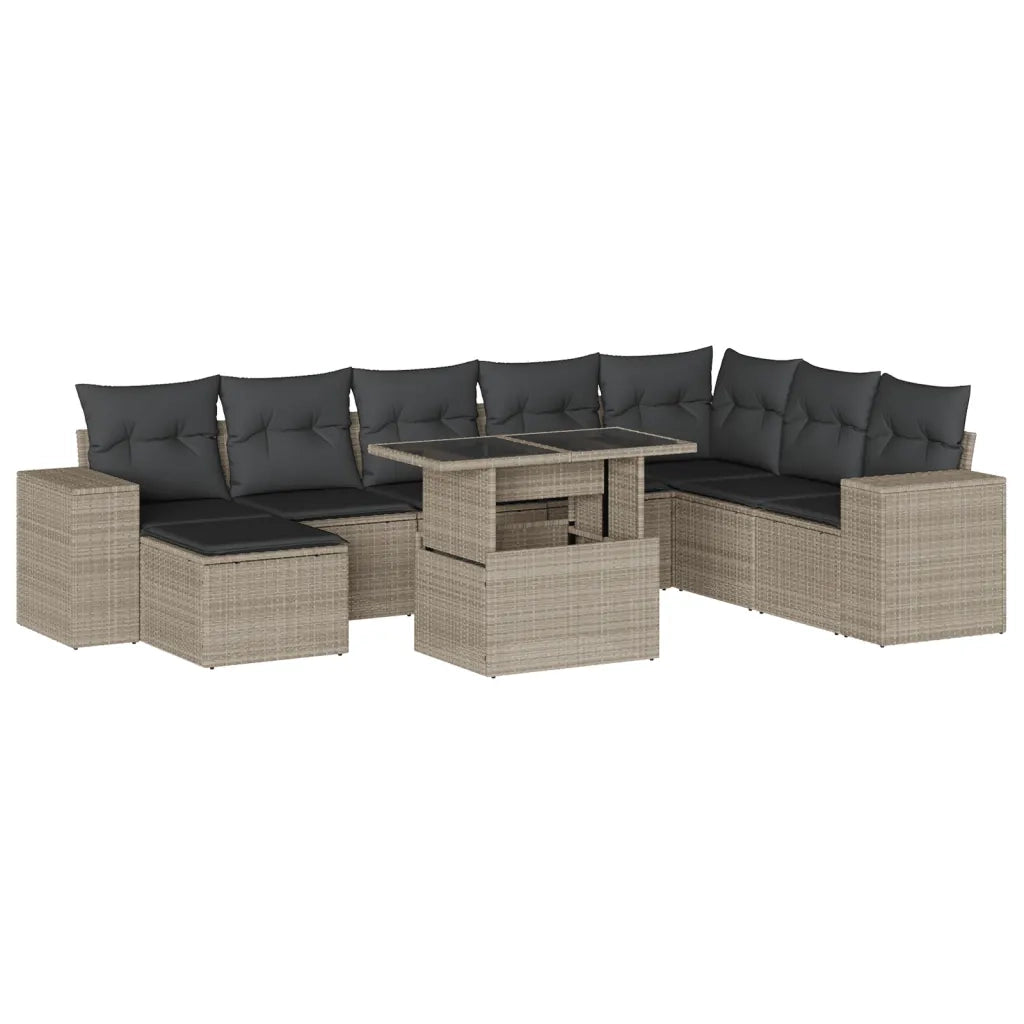 Set Divano da Giardino 9pz con Cuscini Grigio Chiaro Polyrattan