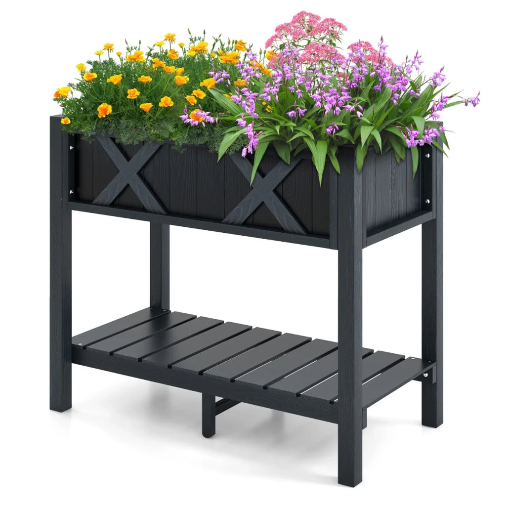 Fioriera rialzata da esterno 86 x 45 x 73 cm con ripiano portaoggetti ergonomico design nero in HIPS 20_0020808