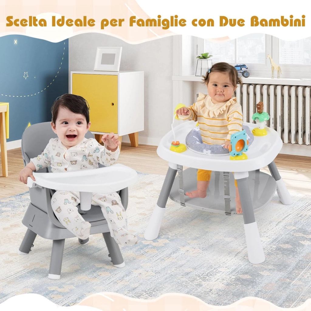 Seggiolone Pappa Bambini, con Cintura e Vassoio Rimovibile (Grigio) | Sedia Evolutiva per Neonati 6-36 Mesi con Cintura e Vassoio Rimovibile, 3 Giochi e Cestino