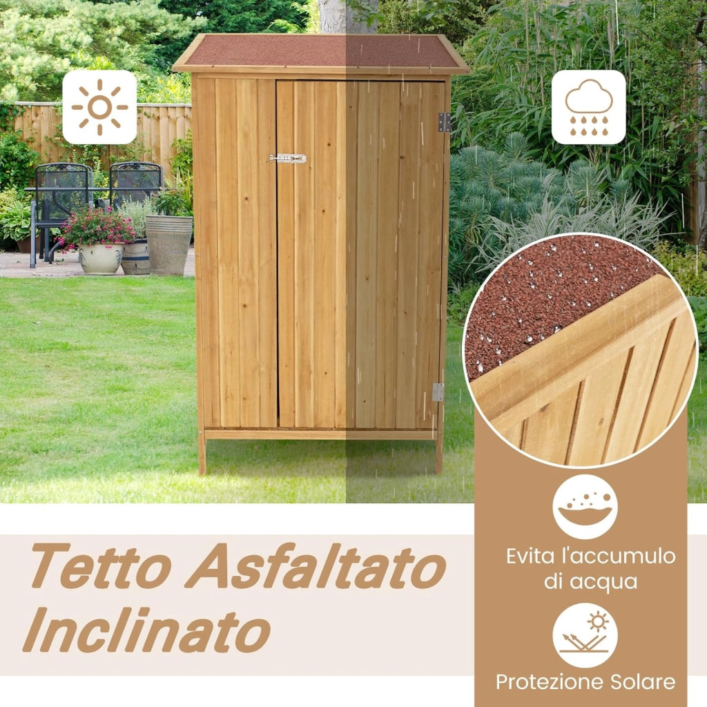 Armadio da Esterno, Casetta Porta Attrezzi da Giardino in Legno con Tetto in Asfalto, 3 Ripiani, Porta con Serratura e 5 Ganci, Ripostiglio per Balcone, Patio e Giardino, 91 × 66 × 150 cm