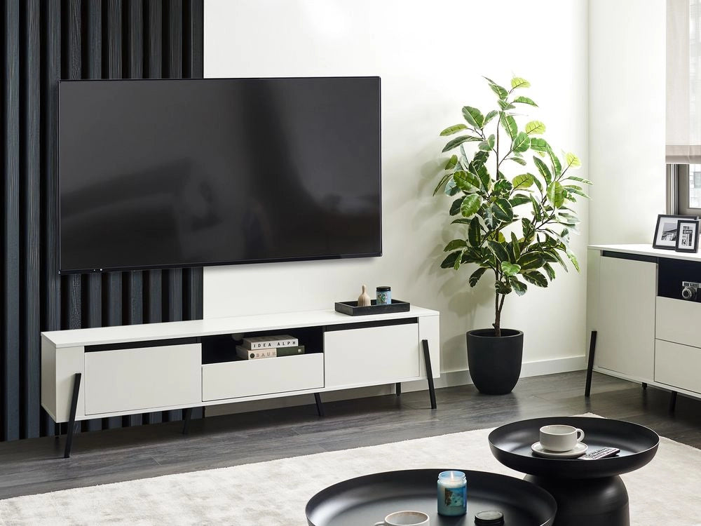 Mobile TV effetto cemento e gambe in metallo Bianco fino a 75ʺ con 1 cassetto e 2 armadi in stile industriale