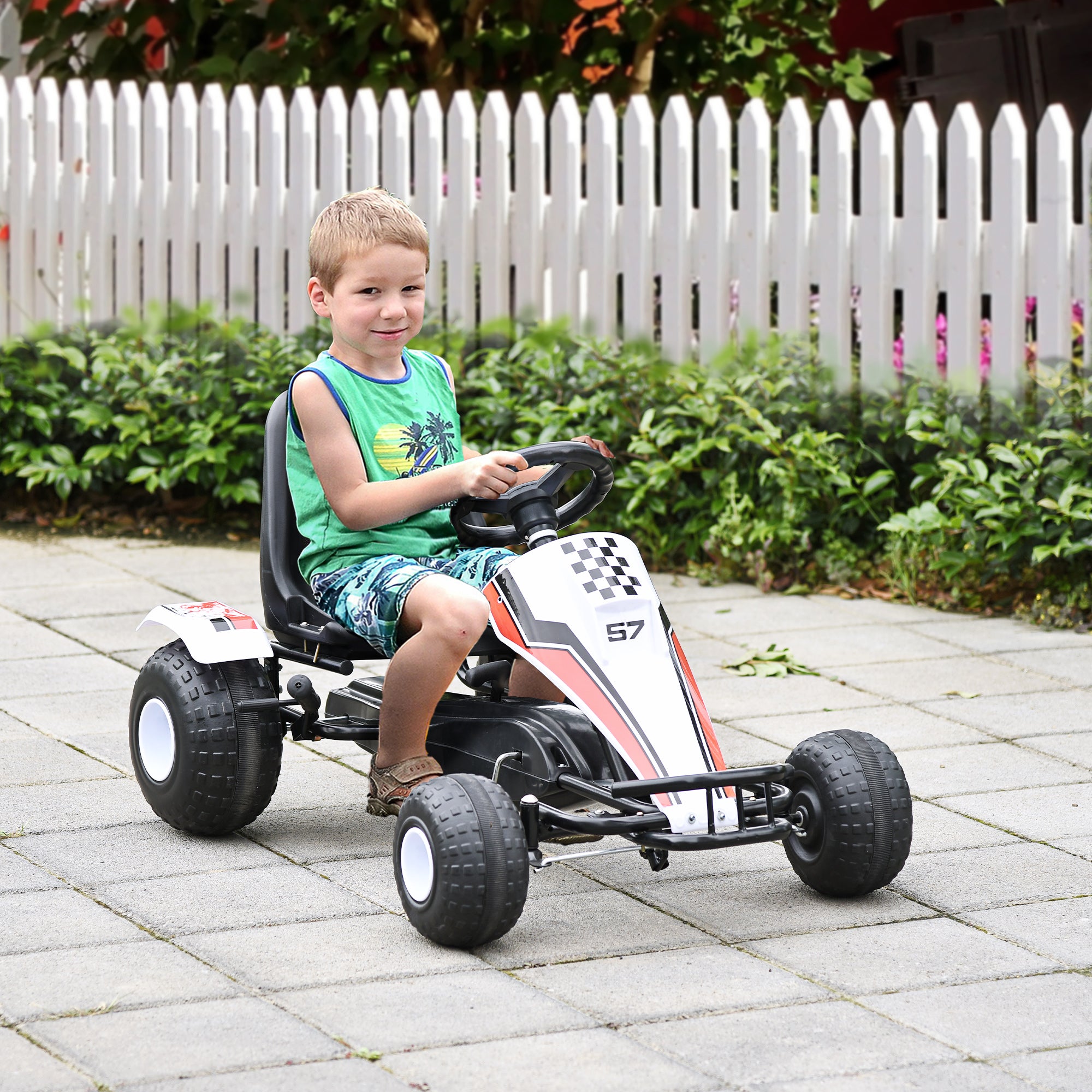 Easycomfort Go-Kart a Pedali Bianco per Bambini 3-8 Anni con Sedile Regolabile, Ruote in Plastica, Freno a Mano e Cambio