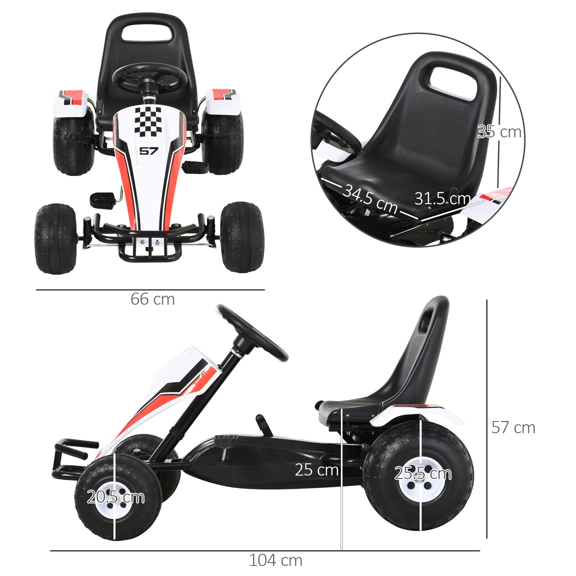 Easycomfort Go-Kart a Pedali Bianco per Bambini 3-8 Anni con Sedile Regolabile, Ruote in Plastica, Freno a Mano e Cambio