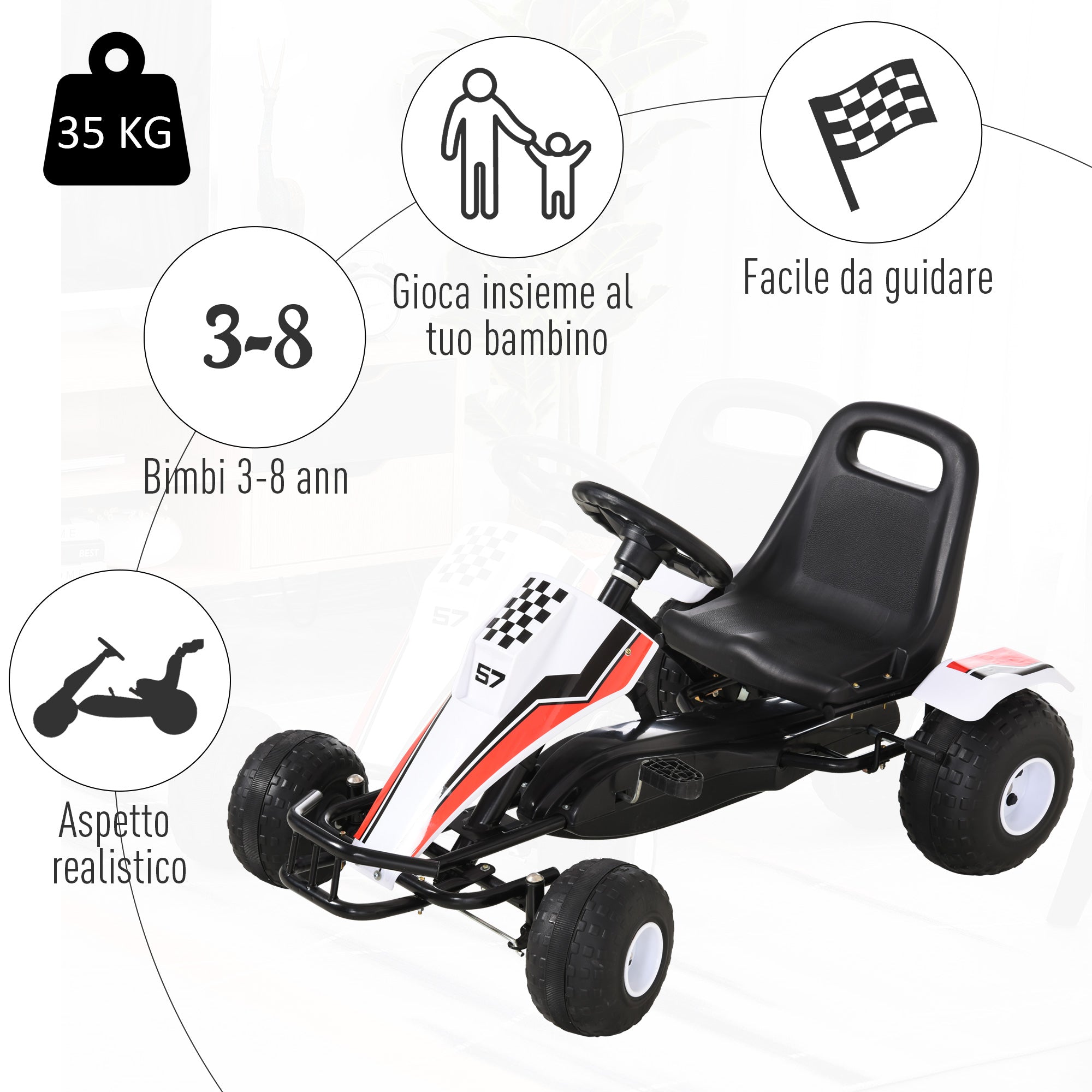 Easycomfort Go-Kart a Pedali Bianco per Bambini 3-8 Anni con Sedile Regolabile, Ruote in Plastica, Freno a Mano e Cambio