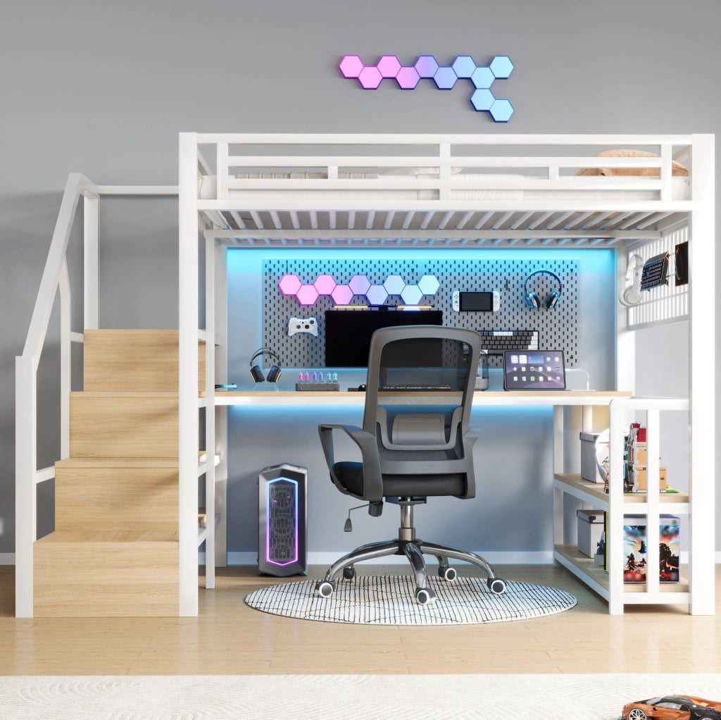 Letto a soppalco 140x200 cm con scrivania; LED e prese USB in metallo e MDF bianco
