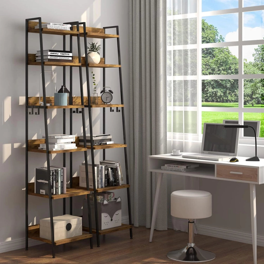 Libreria a 6 Ripiani, Scaffale con 4 Ganci Industriale, Scaffale a Scala in MDF e Metallo per Soggiorno, Cucina, Studio, Ufficio,Nero,41x36x187cm RGB930hov