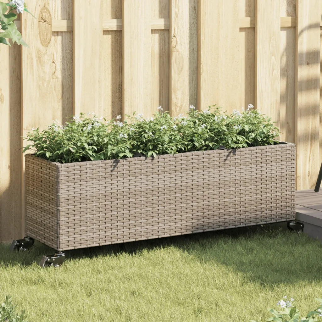 Fioriera con Ruote e 3 Vasi Grigia 107x32x38 cm in Polyrattan 366421