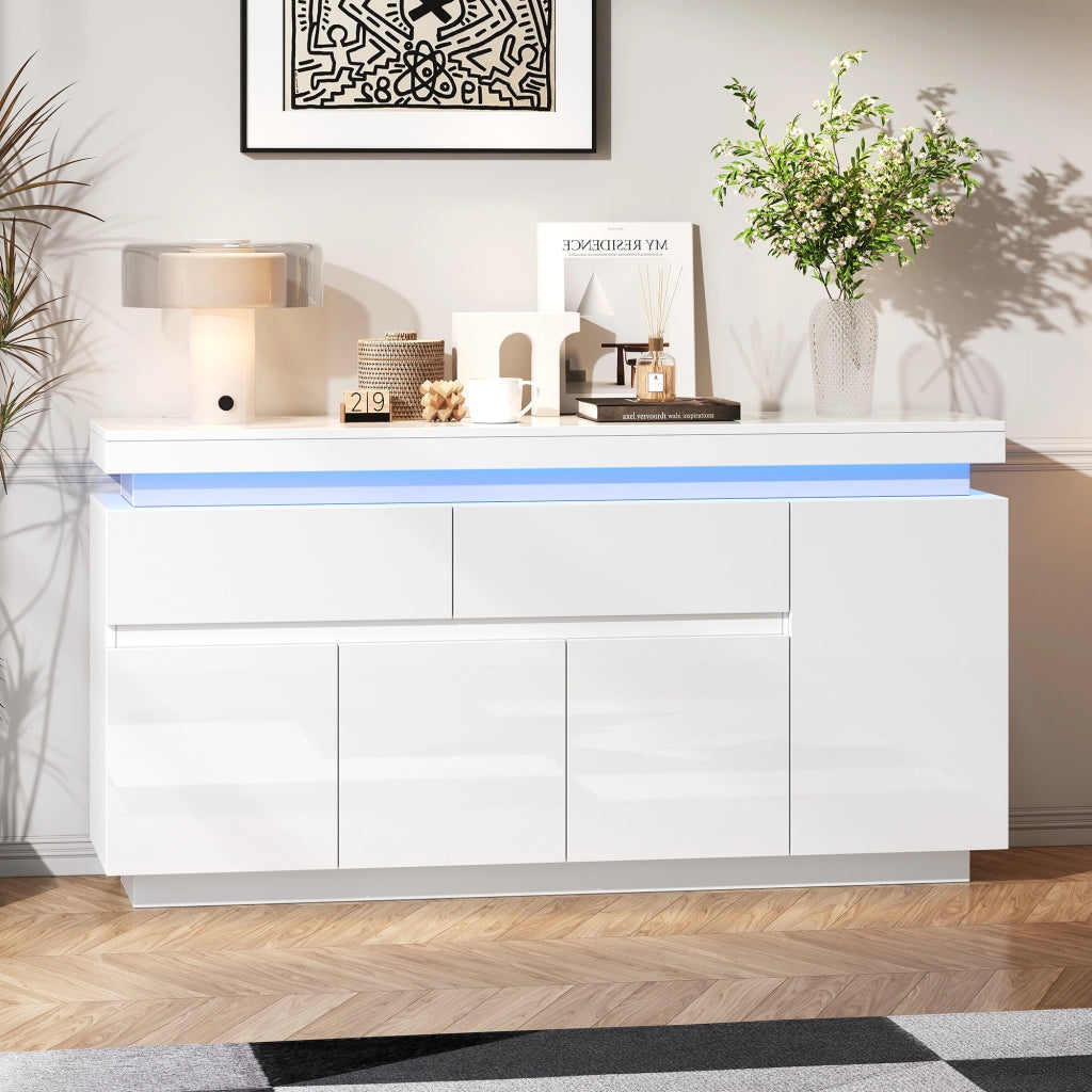 MADIA 140x35x72,5 cm Bianco lucido con 4 ante 2 cassetti e LED