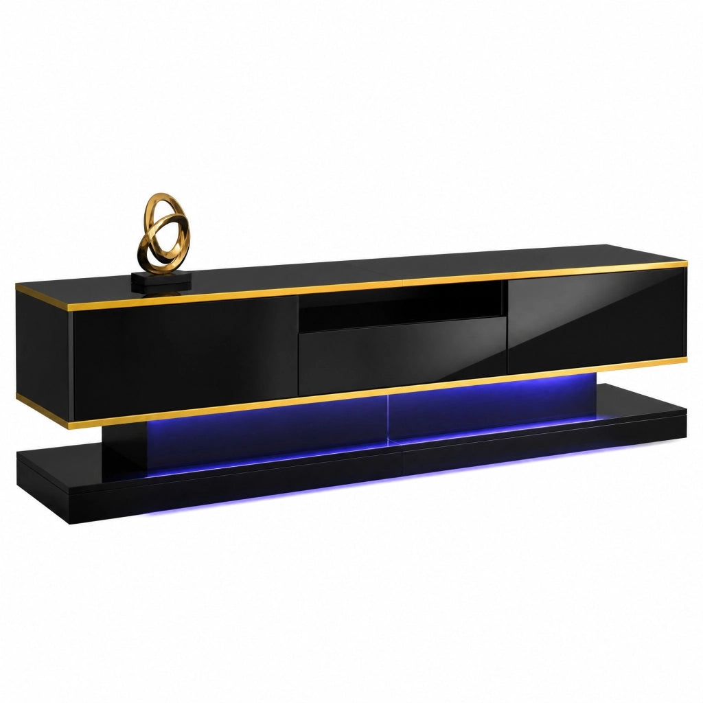 Mobile TV 180x38x45 cm con 3 cassetti e LED multicolore in pannello di particelle nero e oro