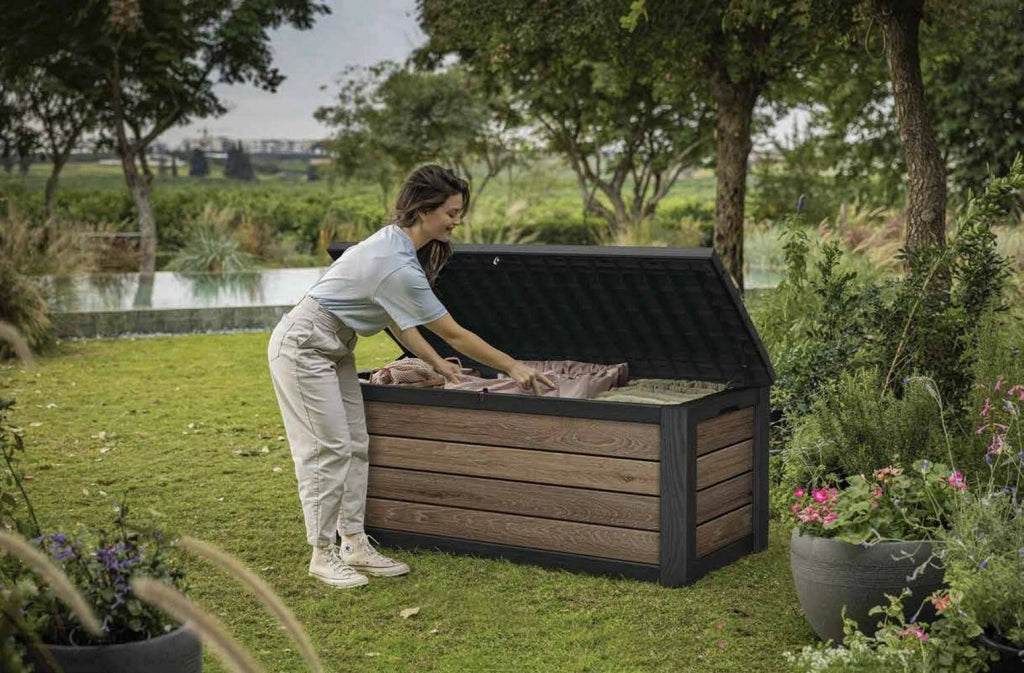 Cassapanca outdoor Brantford, Baule da giardino, Contenitore da esterno, Panchina contenitore da esterno, 152x73 h70 cm, Noce