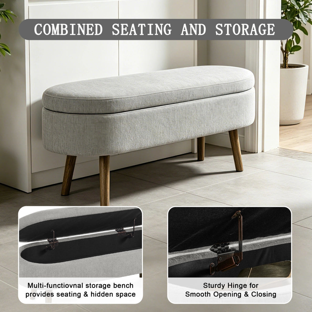 Panca contenitore in tessuto chenille con coperchio ammortizzato e struttura in legno grigio 110 × 40 × 42 cm