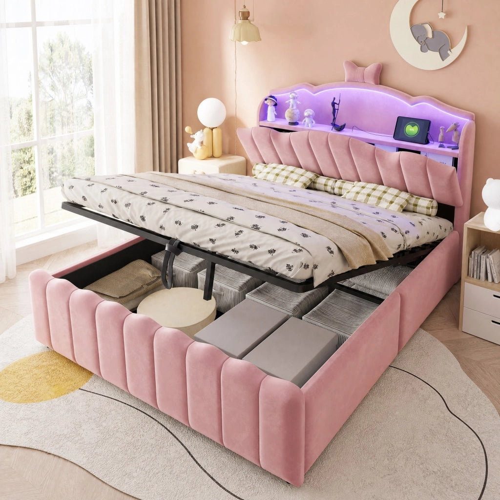 Letto per bambini imbottito 140x200 cm rosa con contenitore idraulico, testiera con LED RGB, USB e vani portaoggetti