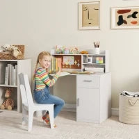 Scrivania per Bambini con Scaffali, Armadietto, Cassetto e Sedia per Bambini Abbinata in MDF Bianco