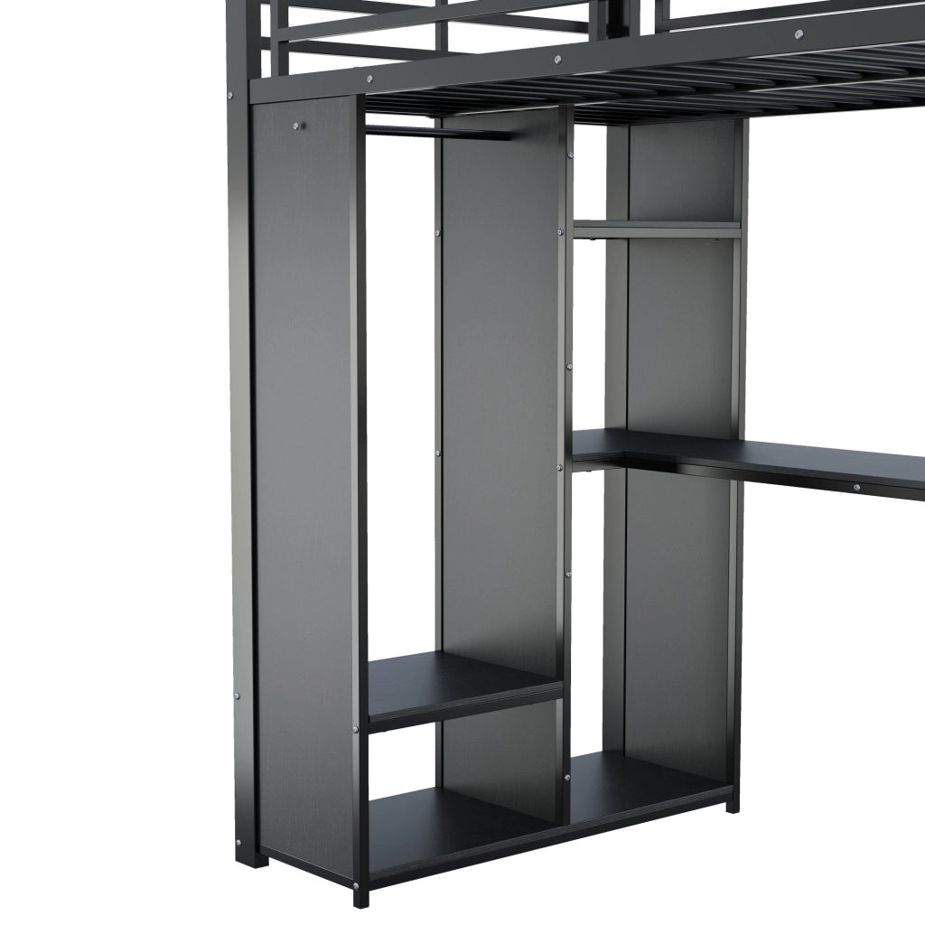 Letto a soppalco 90x200 cm in metallo e MDF nero con scrivania; LED e scaffali