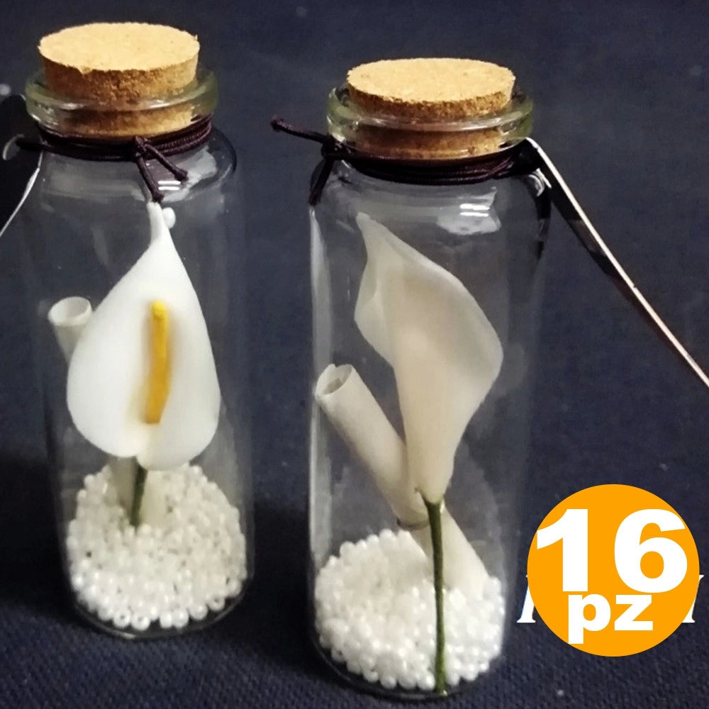 Trade Shop - Set 16 Bomboniere Ampolla Fiore Corallini Pergamena Tappo Sughero Porta Confetti -