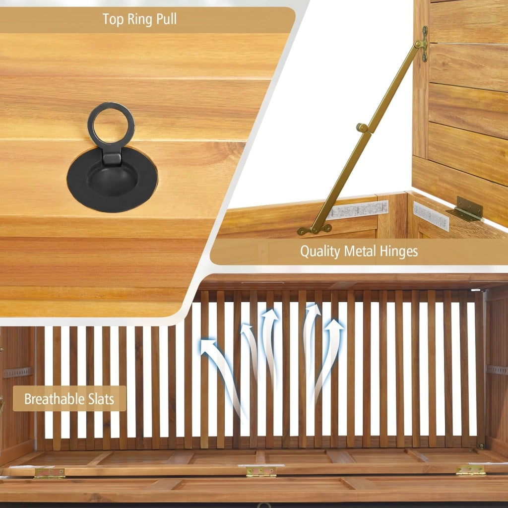 Contenitore per cuscini in legno di acacia, 182 l, con ruote, con tasca interna, cassapanca da giardino con manico, 127 x 50 x 45 cm