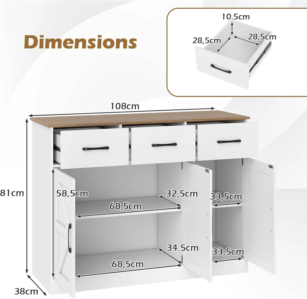 Credenza 3 ante e 3 cassetti, credenza con ripiani interni regolabili, kit antiribaltamento, stile fienile, 108 x 38 x 81 cm, armadio portaoggetti per cucina, sala da pranzo