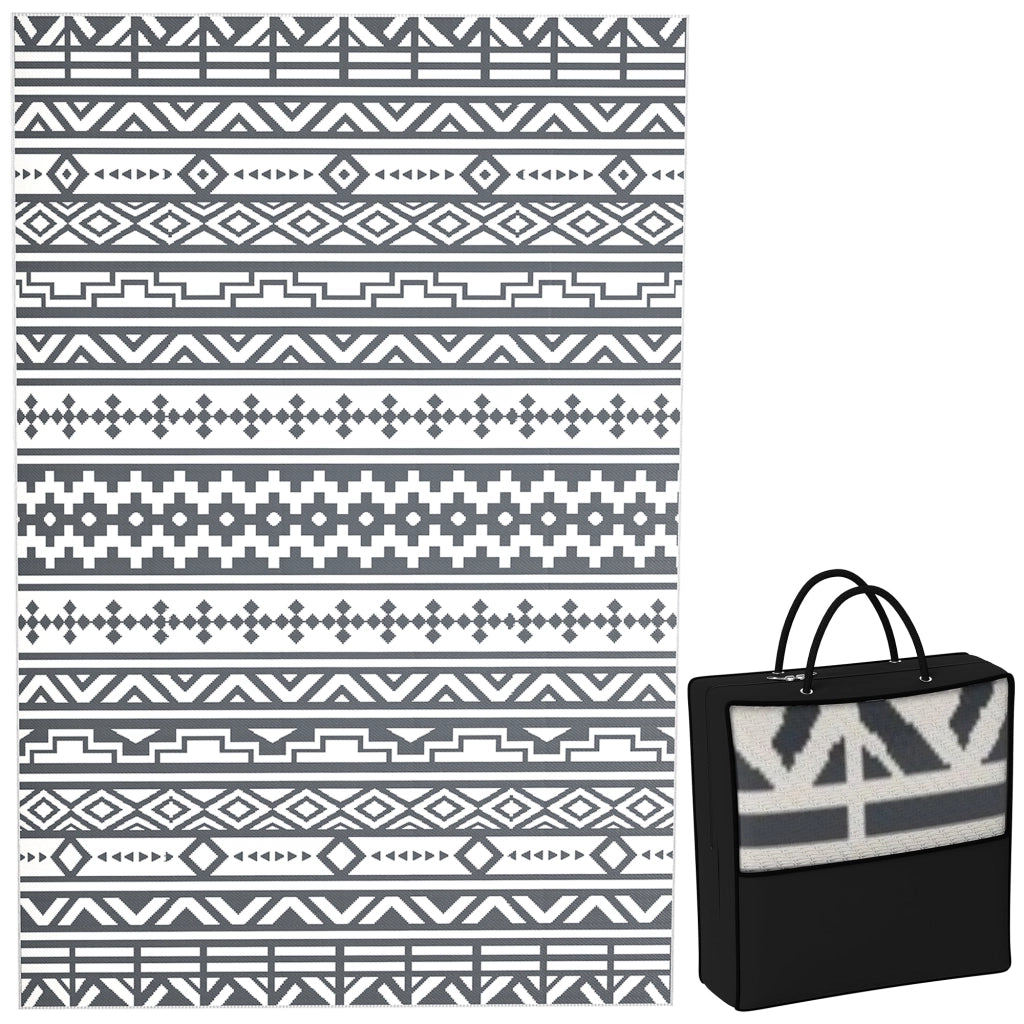 Tappeto da Esterno Reversibile 182x274 cm con Motivo Geometrico e Borsa Inclusa Grigio e Bianco