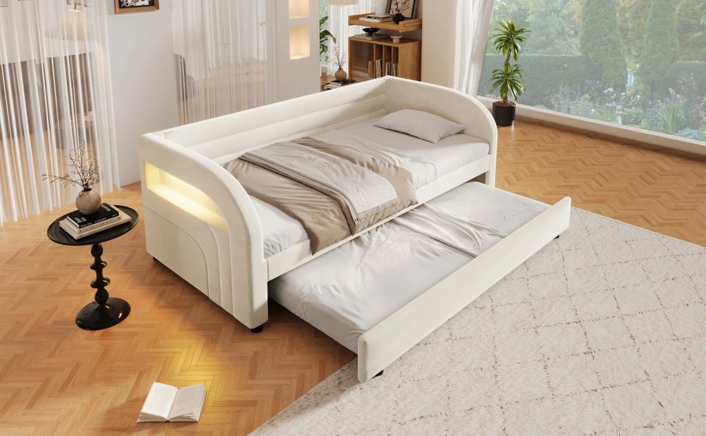 DESMIU Letto singolo 90 × 200 cm con letto estraibile e luce LED, senza materasso, in flanella beige