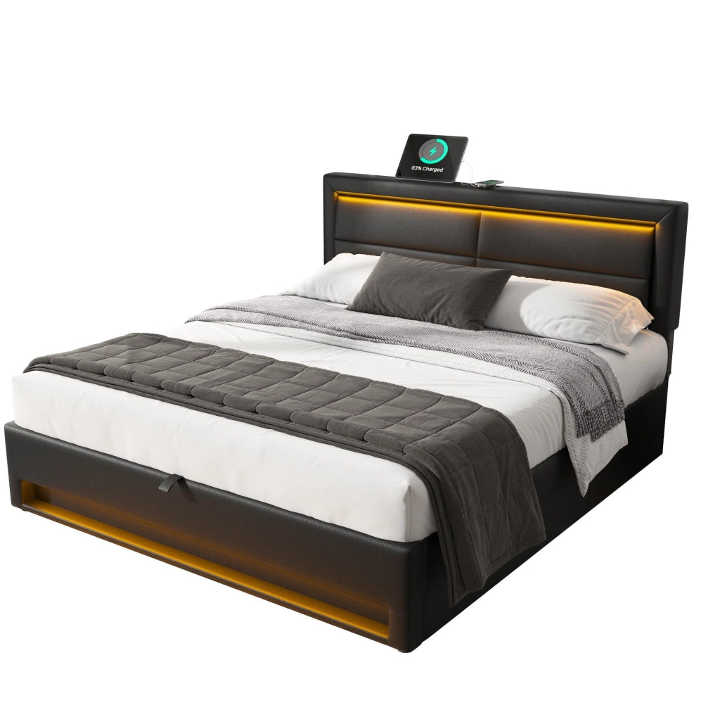 Letto imbottito 140x200 cm in PU nero con USB; illuminazione LED e contenitore