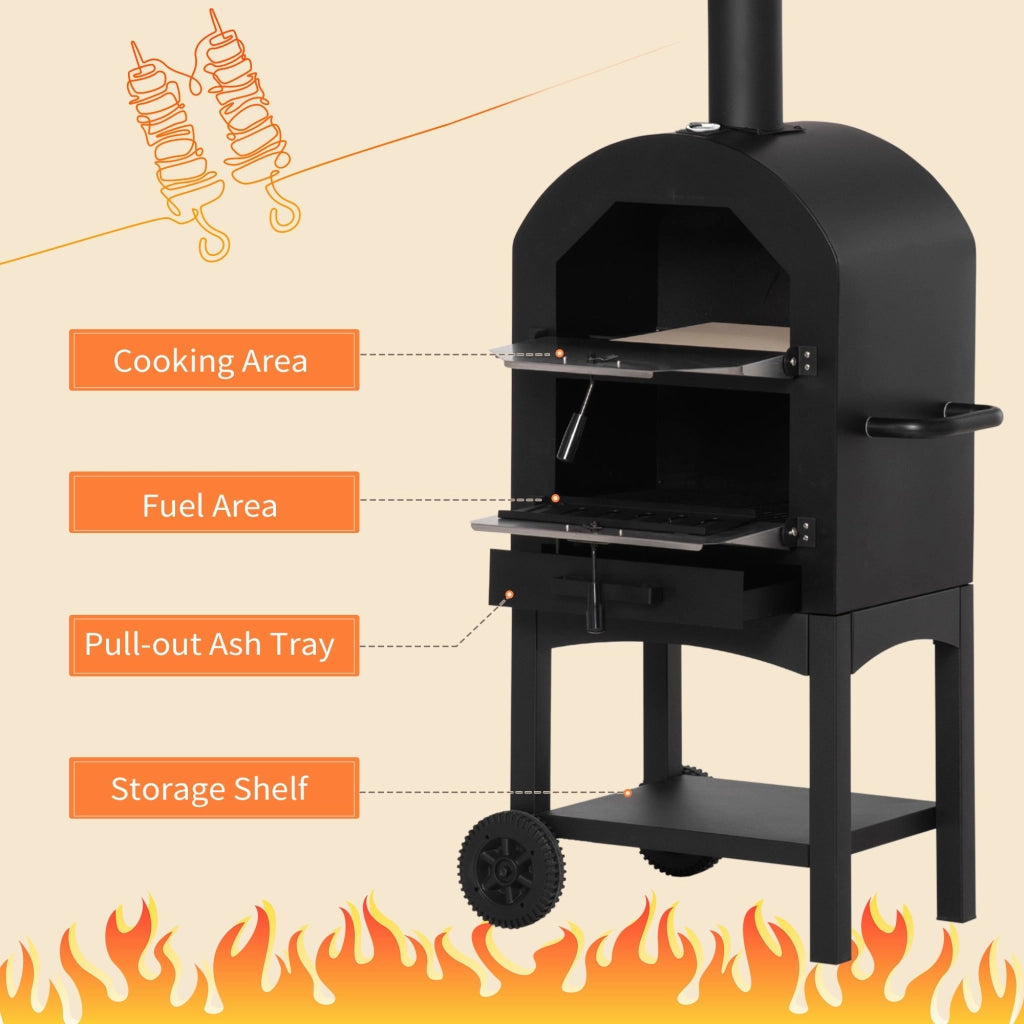 Forno per Pizza e Barbecue a Carbone Portatile  con Camino e Ruote  in Acciaio Nero