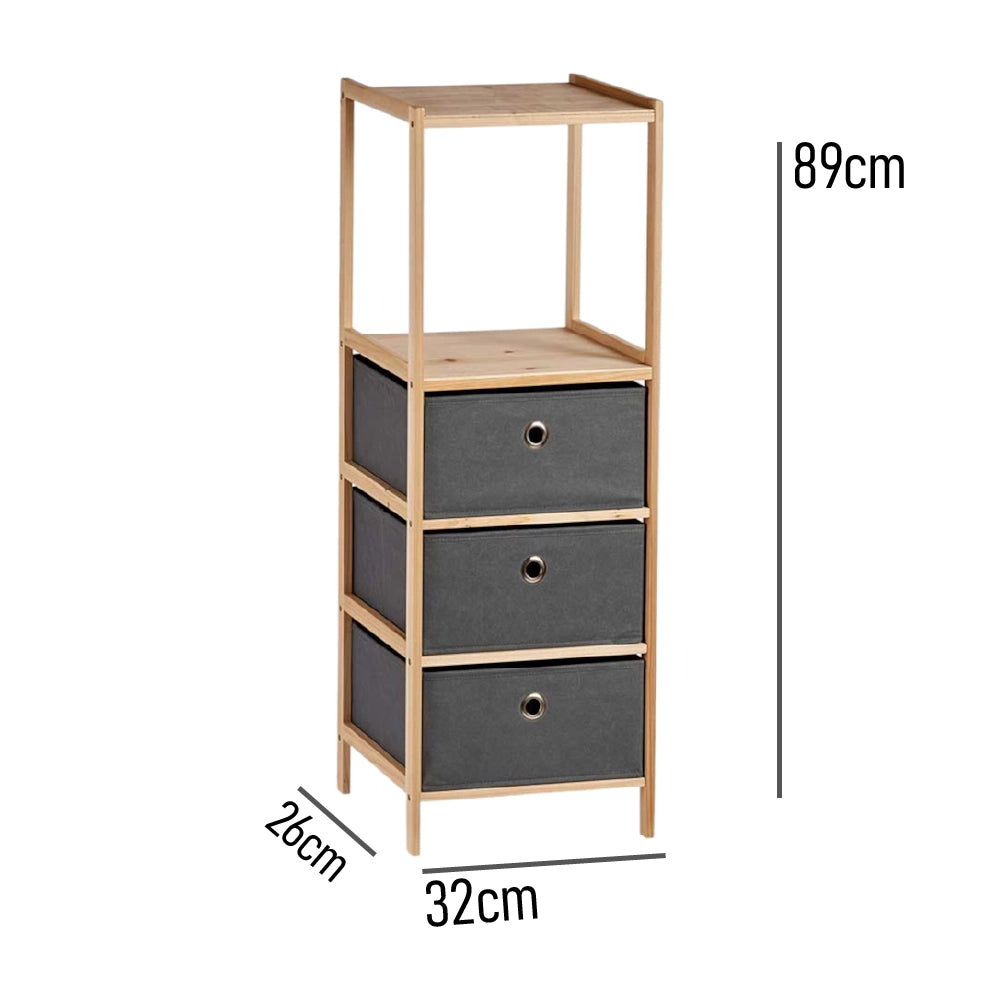Mobile Cassettiera 2Mensole 3Cassetti Legno Naturale e Stoffa Grigio 32 x 26 H 89cm