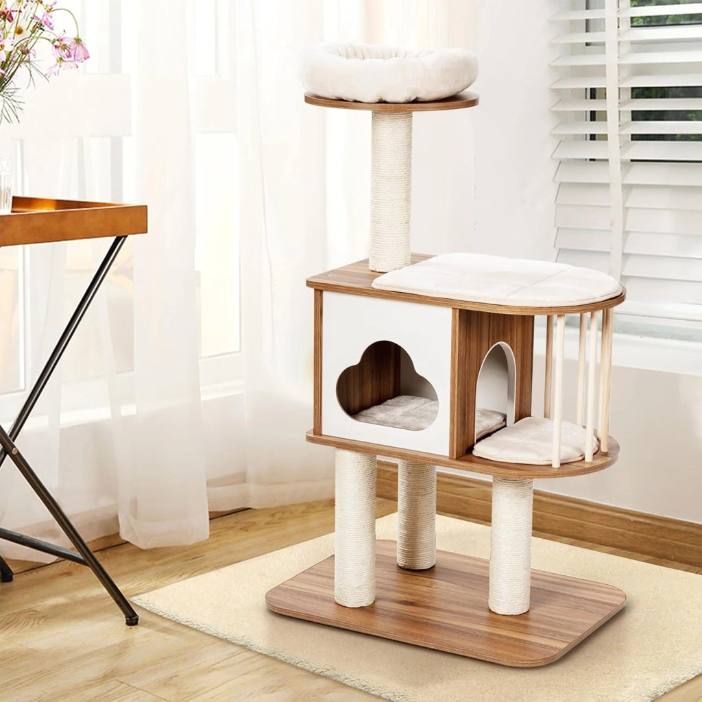 Tiragraffi in legno con 4 colonne tiragraffi, 2 piattaforme, albero da arrampicata con grotta e piattaforma di osservazione, per gatti, 68 x 48 x 117 cm (marrone)