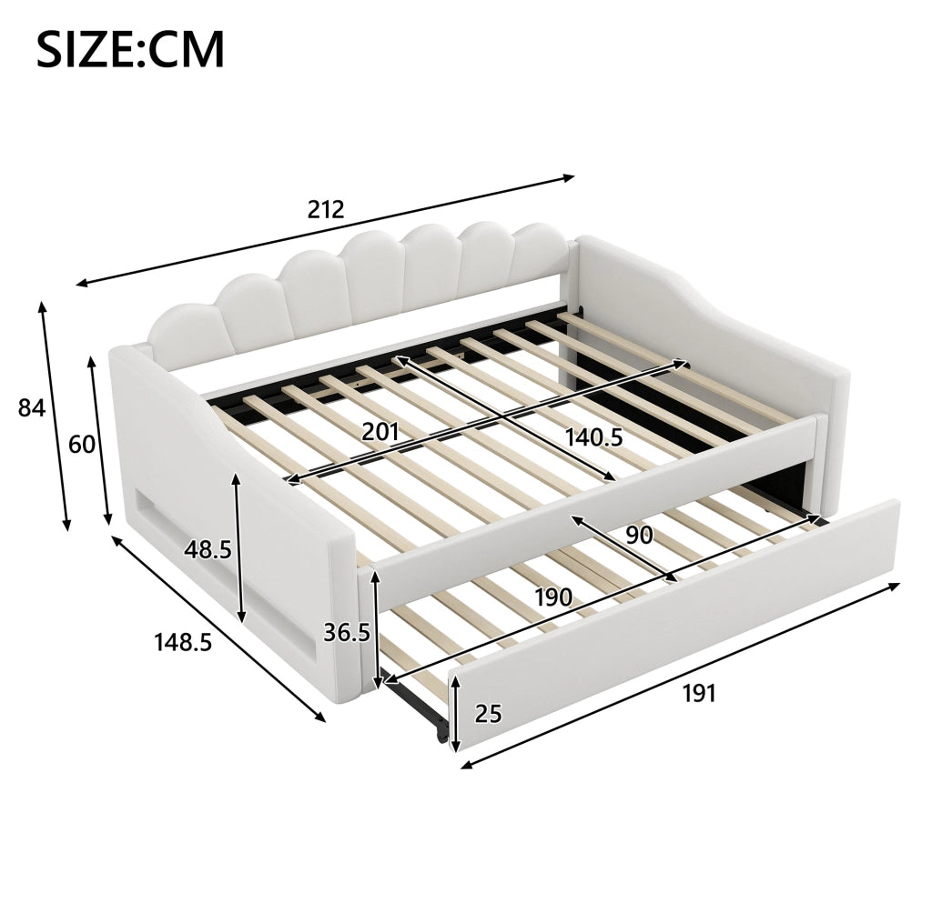 Letto imbottito 140x200 cm con LED laterali e letto estraibile beige