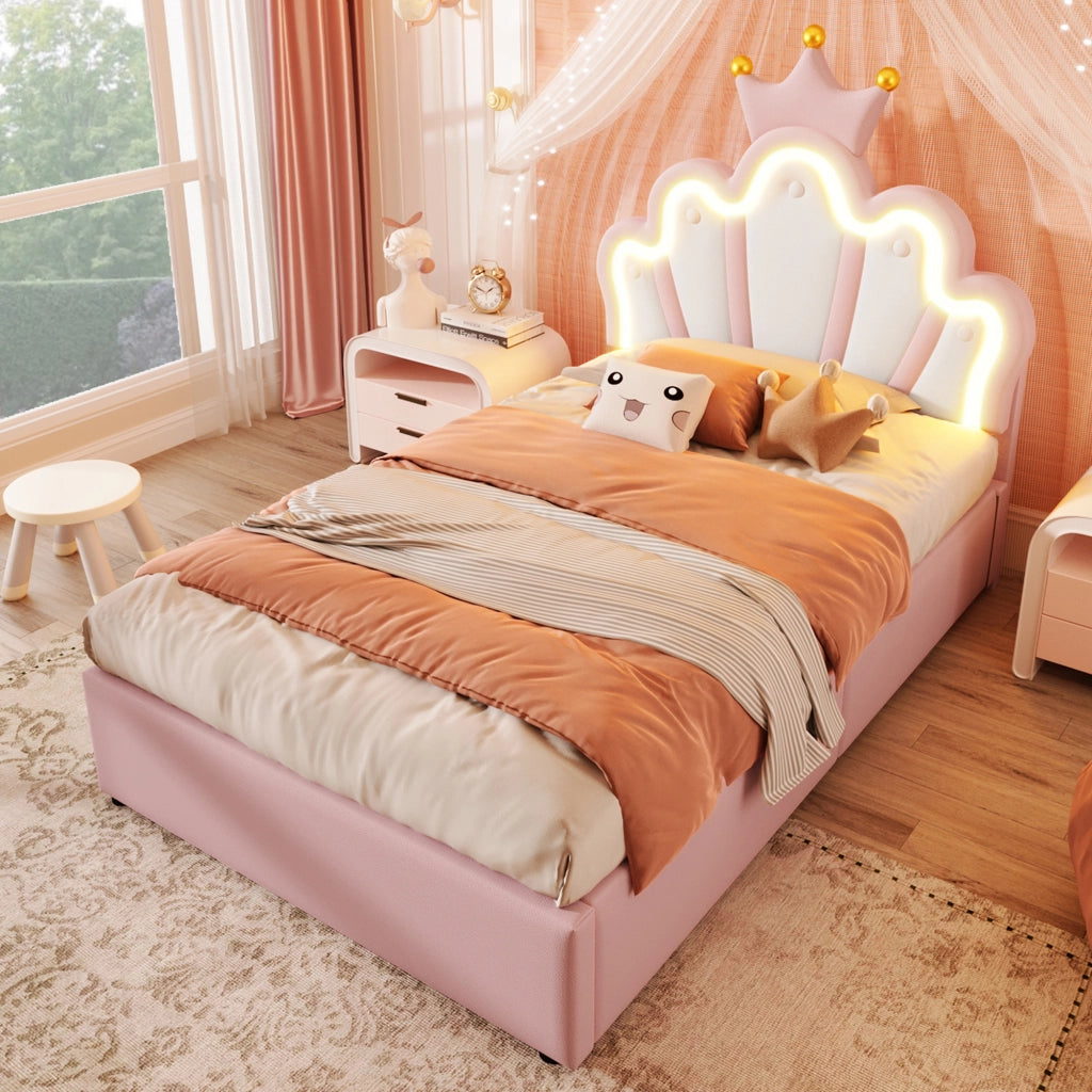 LETTO imbottito 90x200 cm con testiera regolabile, LED, PU rosa