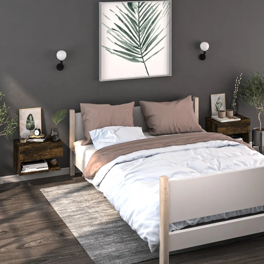 Set di 2 Comodini | Armadio da Notte | Mobiletto da notte a Muro Rovere Fumo