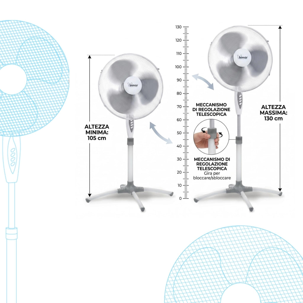 Bimar INB-VP503 Ventilatore a Piantana 130cm e 45W, 3 Velocità, 3 Pale, Oscillante e Inclinabile