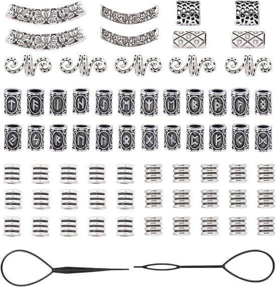 Set di 69 pezzi di perle per capelli - perle tubolari norvegesi - perle a colonna argentate antiche - per decorare i capelli - bracciale - hanger - collana - gioielli fai da te - decorazione capelli