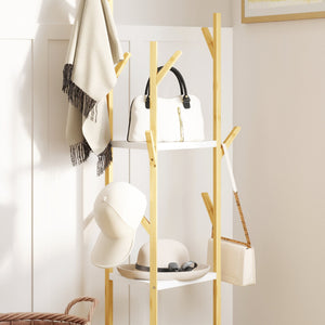 Albero Appendiabiti da Terra 45x45x170 cm con 8 Ganci e 3 Ripiani in Bambù Naturale e Bianco