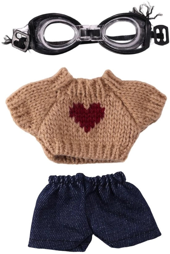 Set di abbigliamento per bambole 3 pezzi - Maglia e pantaloni kaki con occhiali da sole - Abbigliamento biker fresco e cool - Accessori - Adatto per bambole da 17 cm - Abbigliamento per bambole