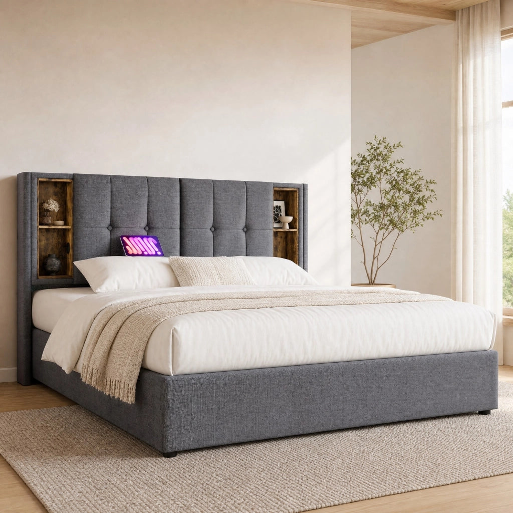 Letto matrimoniale imbottito 160x200 cm con ricarica wireless, USB e contenitore, grigio
