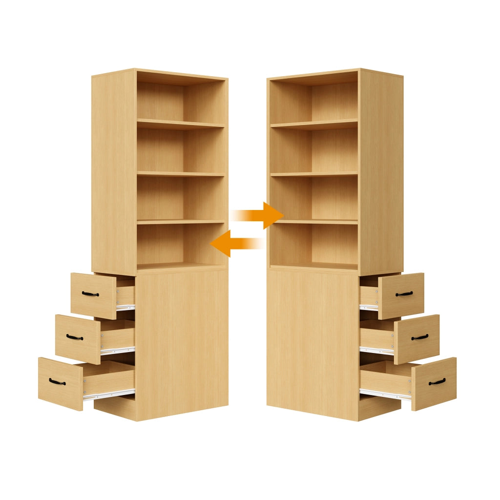 Libreria alta con 3 cassetti e 2 ripiani regolabili, per piccoli spazi, in truciolare, rovere, 60 × 38 × 180 cm
