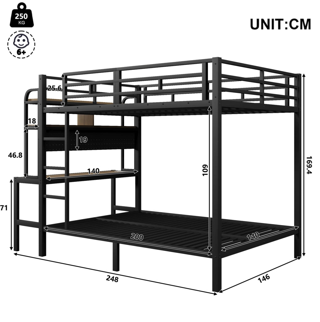 Letto a castello 140x200 cm in metallo e MDF; con scrivania; ripiani; LED e USB; nero