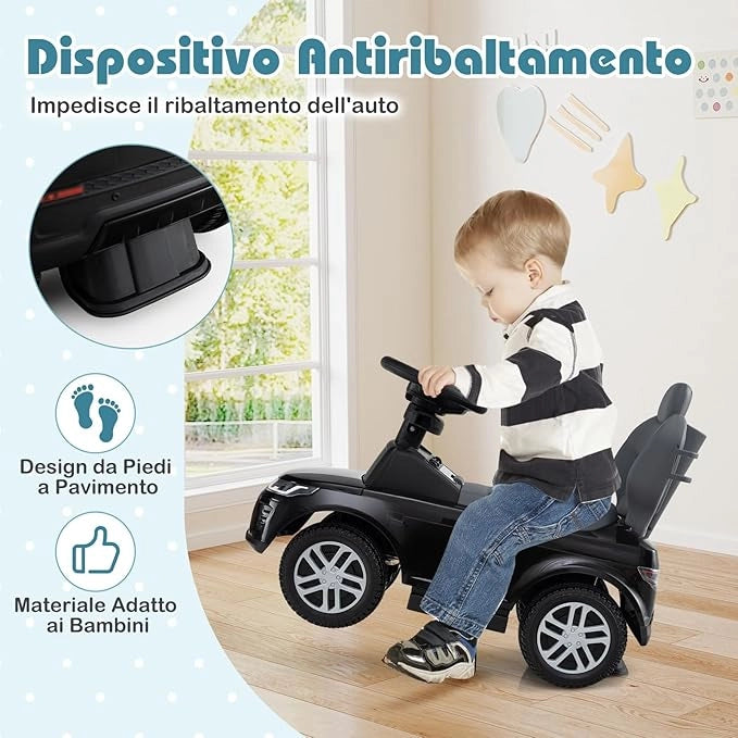 3 in 1 Auto a Spinta, Macchinina a Pedale con Manico Removibile e Paracolpi, Clacson e Suodo di Avvio, Macchina Cavalcabile per Bambini 18-36 Mesi (Nero)