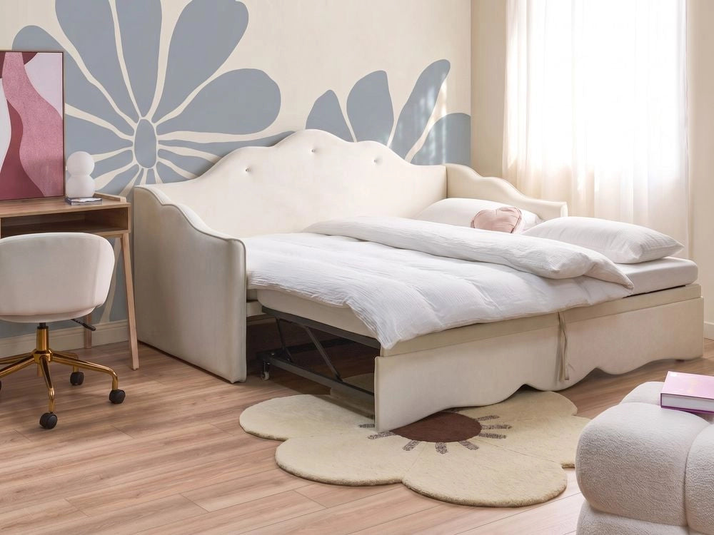 Letto singolo con secondo letto a scomparsa velluto beige chiaro 90 x 180/200 cm camera da letto cameretta