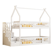 Letto a Castello 90x200 cm - Struttura a Casetta; Scala con Cassetti e Area Giochi - in Legno Massello Bianco