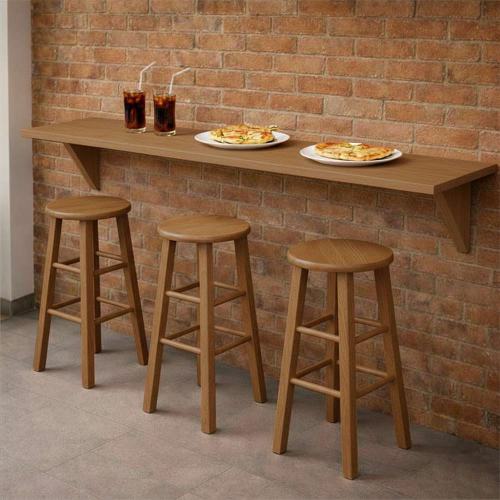 Sgabello in legno massello noce chiaro h 68 cm con seduta rotonda e gambe dritte