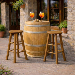 Sgabello in legno massello noce chiaro h 68 cm con seduta rotonda e gambe dritte