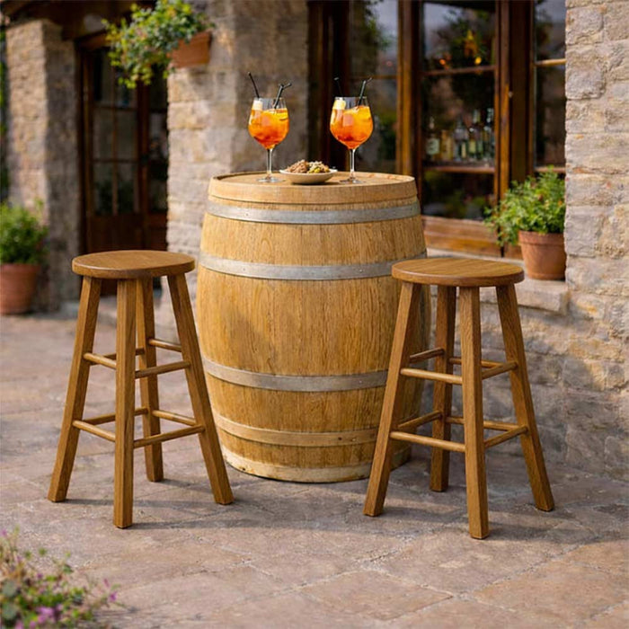 Sgabello in legno massello noce chiaro h 68 cm con seduta rotonda e gambe dritte